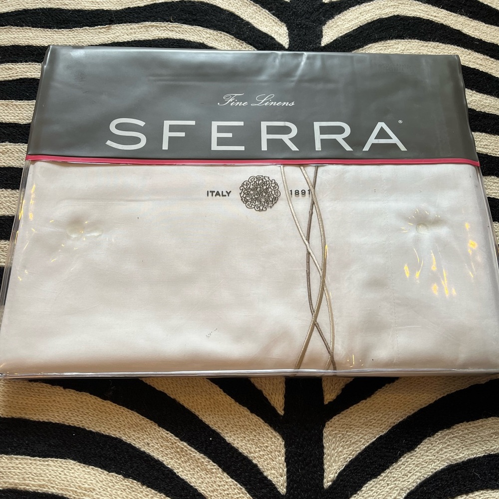 Sferra full/queen Cade top sheet white with taupe embroidery